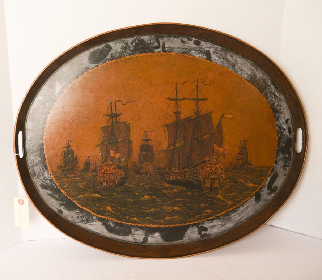 TOLE TRAY WITH SAILING SHIPS: Dimensions: H 1.75" x W 25.5" x D 20.5" Condition: Showing light paint finish wear.
