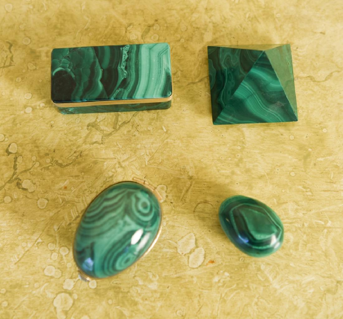 GROUPING INCL. MALACHITE & FAUX MALACHITE: (4) pieces. Dimensions: (Pyramid) H 2" x W 2.25" x D 2.25" Condition: Few flea bites.