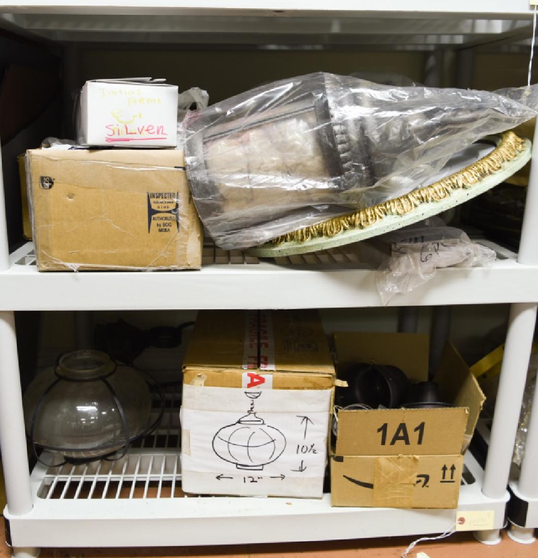 GROUPING OF MISC. LAMP PARTS ETC.: Two shelves. Including lantern globes, flush mount fixture bases, etc. Condition: Various stages of disrepair.