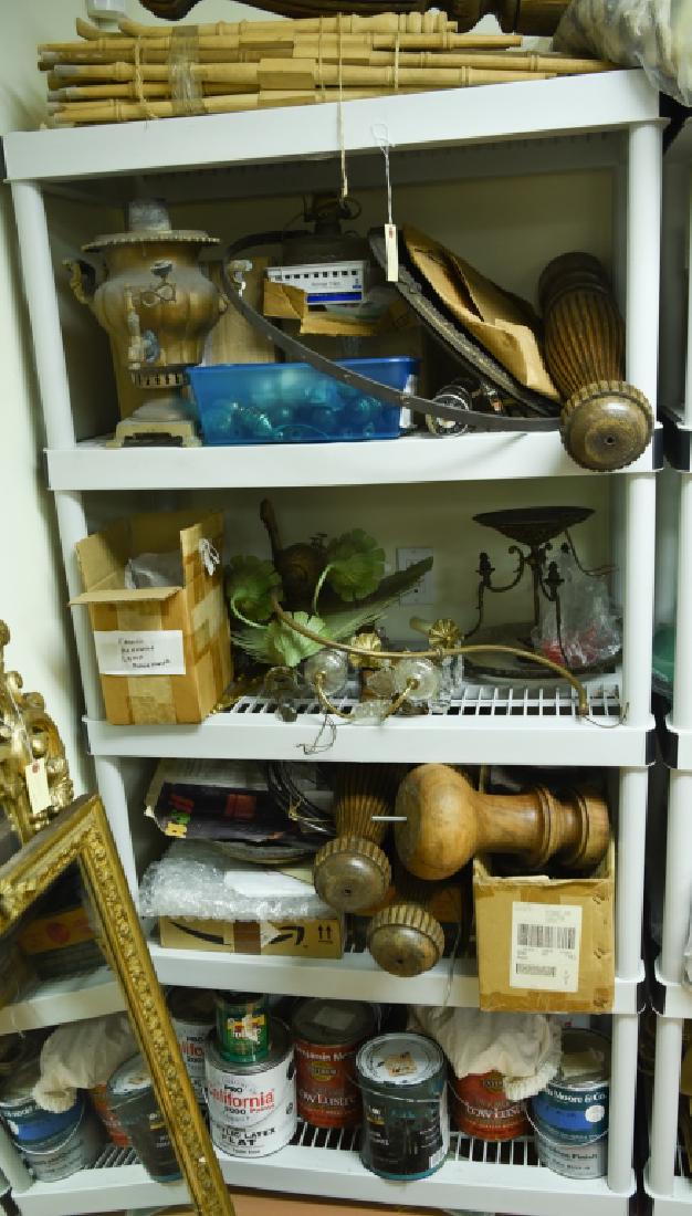 GROUPING OF ANTIQUE LIGHTING PARTS ETC: Including sconces, pendant lamps, massive wooden table legs, etc. Condition: Varying stages of disrepair.