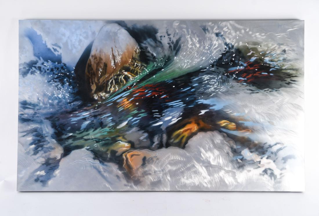 DAVID T. KESSLER (AMERICAN B. 1950): Painting on metal and brushed metal, titled "Luminous Current." Metal on plywood. Signed and titled plus artist's stamp verso. Dimensions: H 36" x W 60" Condition: A few stray marks. Provenance: From