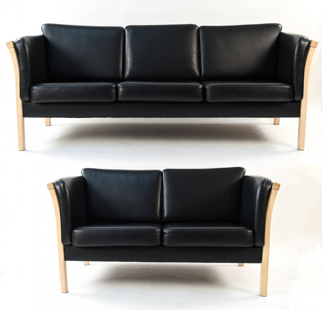 DANISH MIDCENTURY BEECH & LEATHER SOFA & LOVESEAT: Dimensions: (Sofa) H 31.5" x W 75.25" x D 30" x SH 17.5" Condition: Very light scuffs to beech frame. Wear consistent with age and use. WPC054