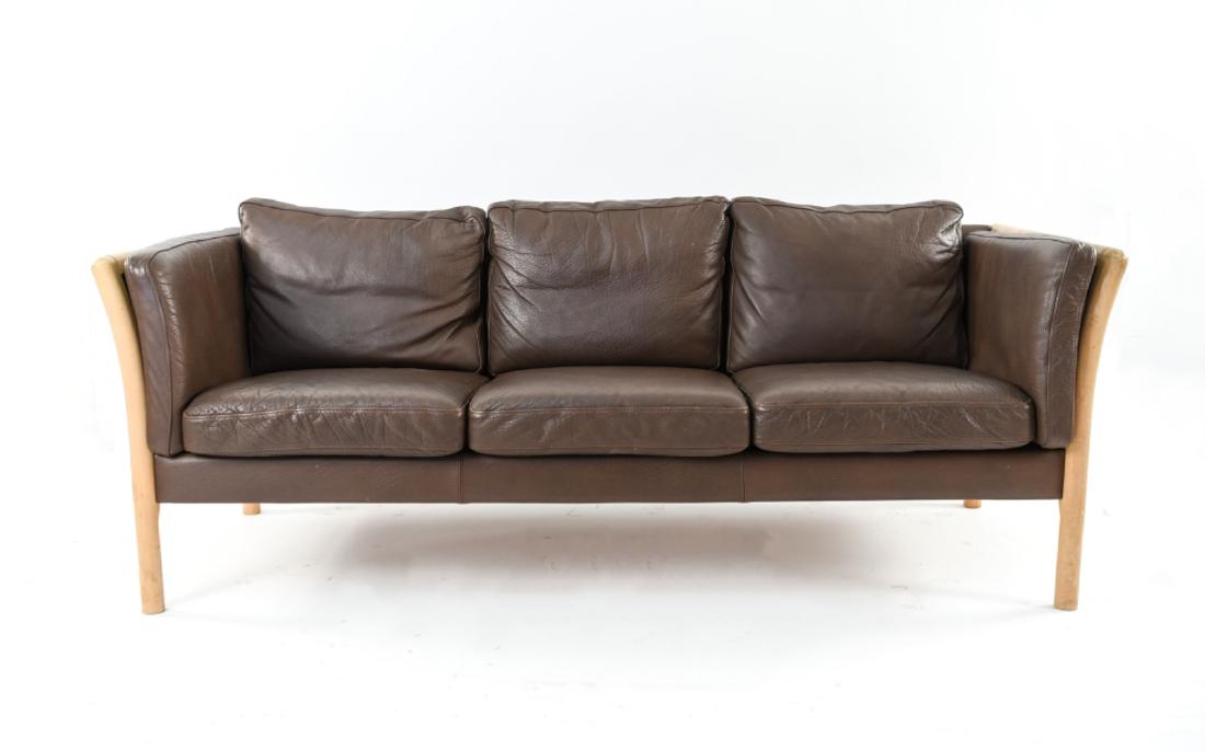 DANISH MID-CENTURY BEECH & LEATHER SOFA: Dimensions: H 30" x W 76" x D 31" x SH 17" Condition: Light marks, dents, and finish wear to wood. Minor losses to leather. Wear consistent with age and use. Minor losses. WPC028