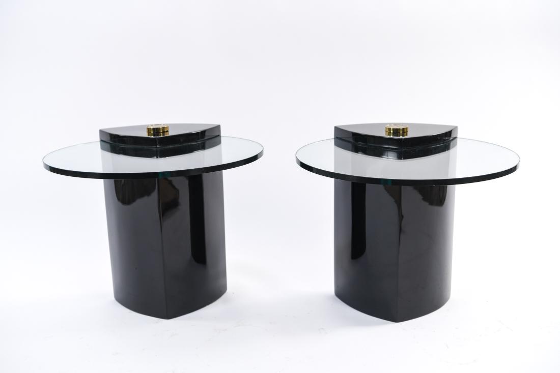 MARBLE & GLASS SIDE TABLES: Floating glass side tables with polished marble bases and cats eye stone accents. Dimensions: H 17" x W 19" x D 20" Condition: Couple flea bites. Some nicks, rubs to base. Provenance: From a Greenwich