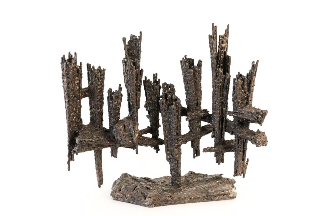 BRUTALIST ABSTRACT MENORAH SCULPTURE: Dimensions: 19.5" H x 23.5" W x 8" D Condition: weighs roughly 15lbs, no issues to note