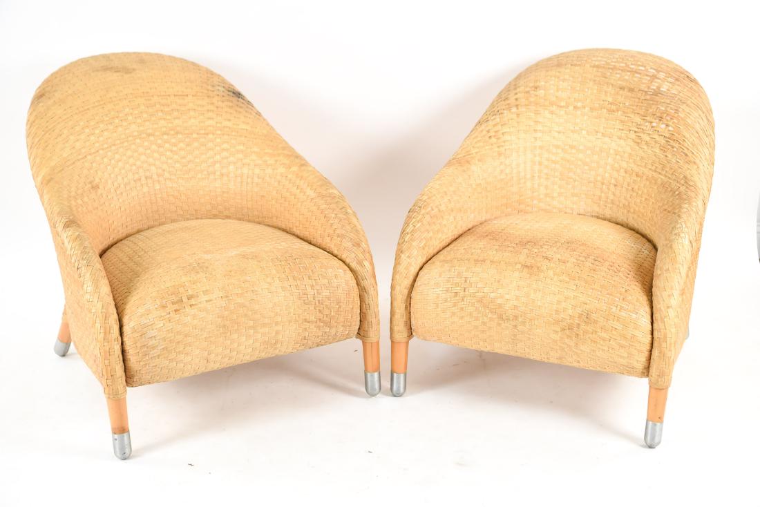 ANTONIO CITTERIO FOR B&B ITALIA LOUNGE CHAIRS: Woven hide, fabric, polished aluminum feet. Tag on base: CIID Dimensions: H 30.5" x W 29" x D 39" Condition: Showing wear consistent with age and use. Some finish wear and couple marks to legs. Some w