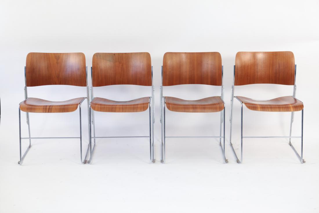 (4) DAVID ROWLAND 40/4 STACKING CHAIRS: Tagged under seat: 40/4 chair, designed by David Rowland. Dated 1976 Dimensions: H 29.5" x W 18" x D 18.5" x SH 17" Condition: Showing light wear consistent with age and use. Light finish wear to base