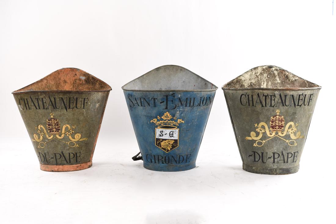 (3) VINTAGE FRENCH WINE GRAPE HARVEST HOTTE'S: Dimensions: H 24.5" x W 22.5" x D 16.5" Condition: Wear consistent with age and use.