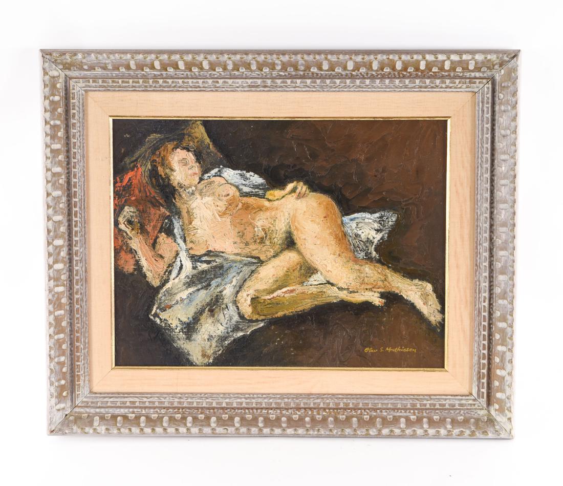 OLAV MATHIESEN NUDE PAINTING: Signed lower right. Depicting reclining female nude. Dimensions: (Frame) H 27" x W 33", (Sight) H 17.5" x W 23" Condition: Some wear to frame. Some discoloration to linen liner. Provenance: Estate of 