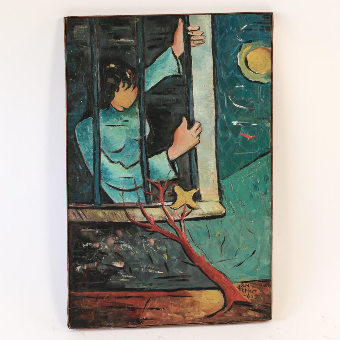 BERTHOLD M HERKO, GERMAN / AMERICAN (1896 - 1988): Oil on canvas signed and dated 63 lower right. Herko studied at the Berlin Art Academy before fleeing the Nazis in 1939. Dimensions: H 36.5" x W 24.5" Condition: Some surface dirt and a few small pain