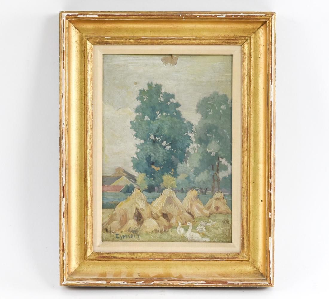 GUSTAVE CIMIOTTI (AMERICAN 1875-1969): Untitled (haystacks.) Oil on board, signed lower left. Dimensions: (Frame) H 14.5" x W 11.5", (Sight) H 10" x W 7" Condition: Areas of paint loss center, upper center, upper left. Surface dirt.