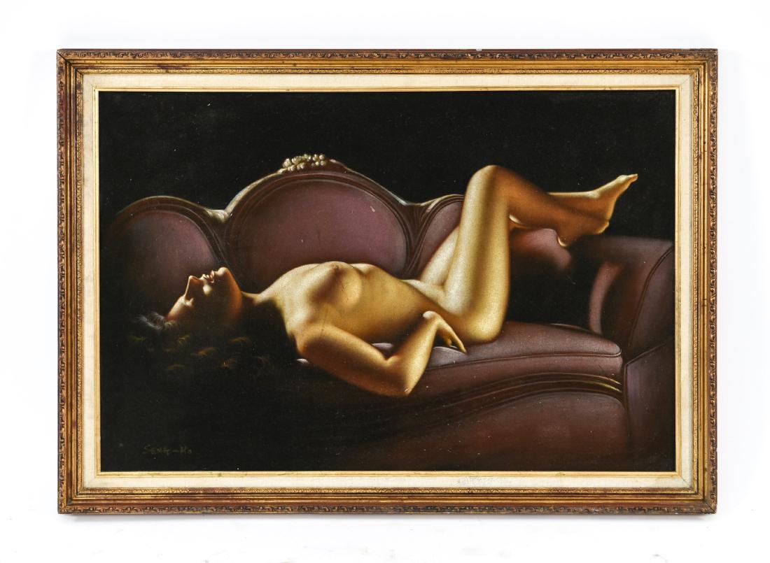 VINTAGE OIL ON VELVET RECLINING NUDE SIGNED: Signed Seng-Ho lower left. Dramatically lit. With subtle skin tones. Dimensions: (Frame) H 28" x W 40", (Sight) H 24" x W 35" Condition: Some chips to frame. Scattered marks and stains.