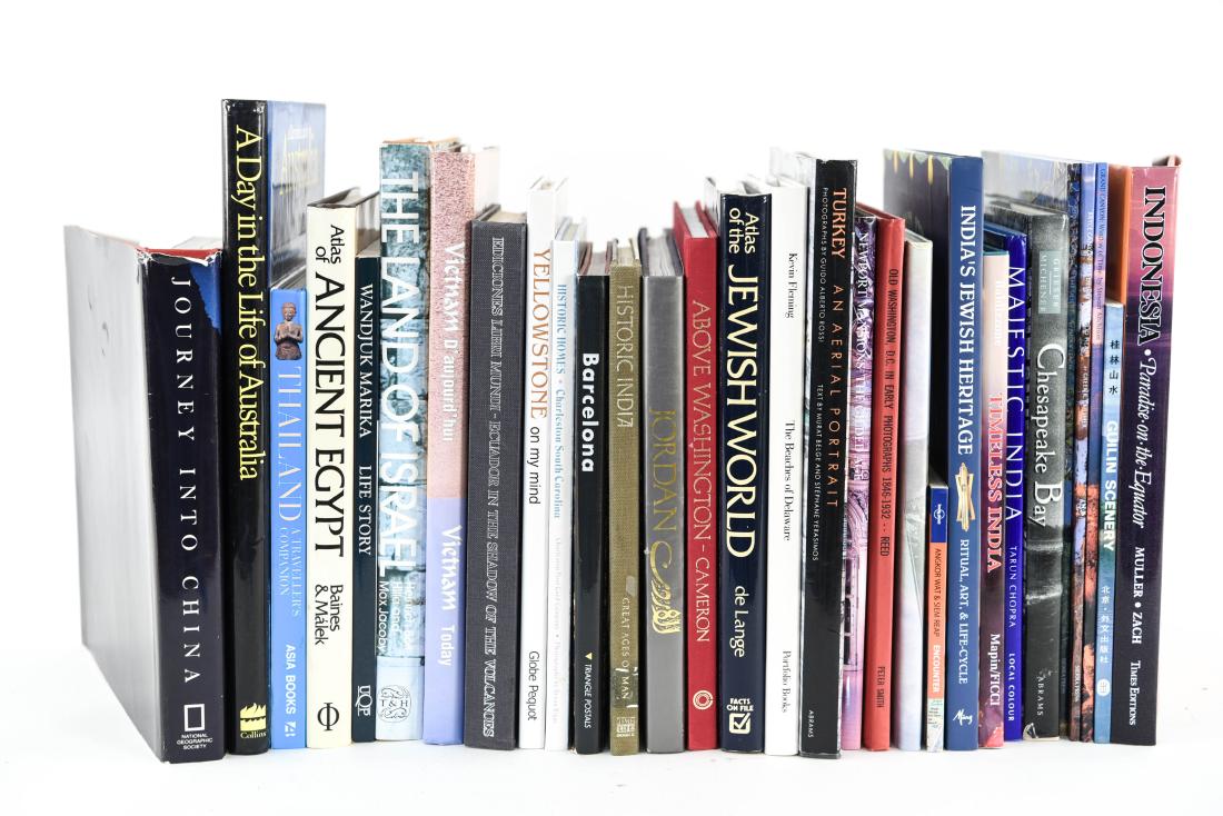 BOOK GROUPING INC. CULTURAL AND GEOGRAPHICAL: Including: Ancient Egypt, Jewish World, Barcelona, and more. Count: Approximately 30 Condition: Showing wear consistent with use and handling.