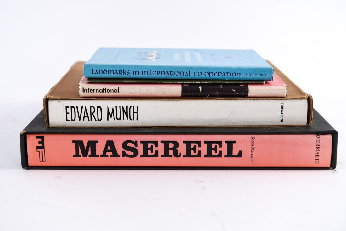 GROUPING OF BOOKS: Including Edvard Munch, Masereel, International Space Bibliography, etc. Dimensions: (Largest) H 14" x W 12" x D 2.25" Condition: All showing signs of age and use. Some wear and tear to covers. Uncoll