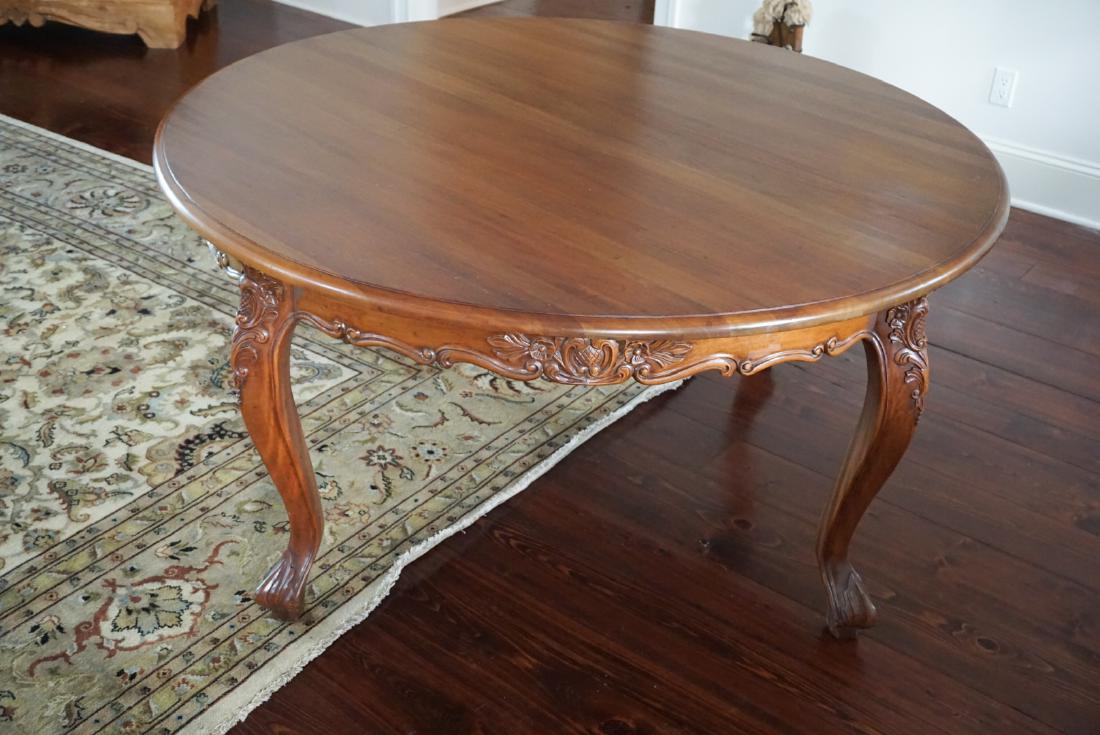 CLAW FOOT CARVED DETAIL TABLE: Dimensions: H 29.5" x Dia. 60" Condition: Wear consistent with age and use.