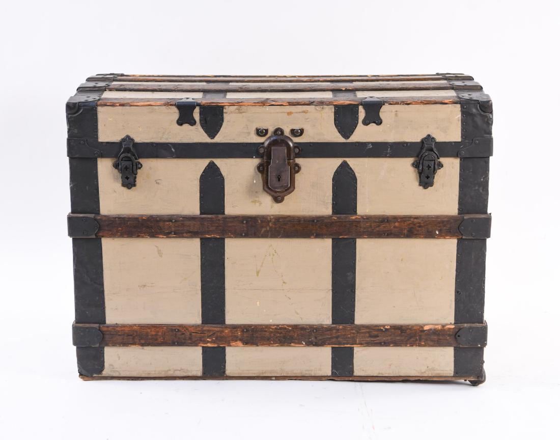 STEAMER TRUNK: Dimensions: H 25" x W 34" X D 22" Condition: Key not included. Showing wear consistent with age and use. Some marks, nicks, and dings. Some cracks and tears to liner.