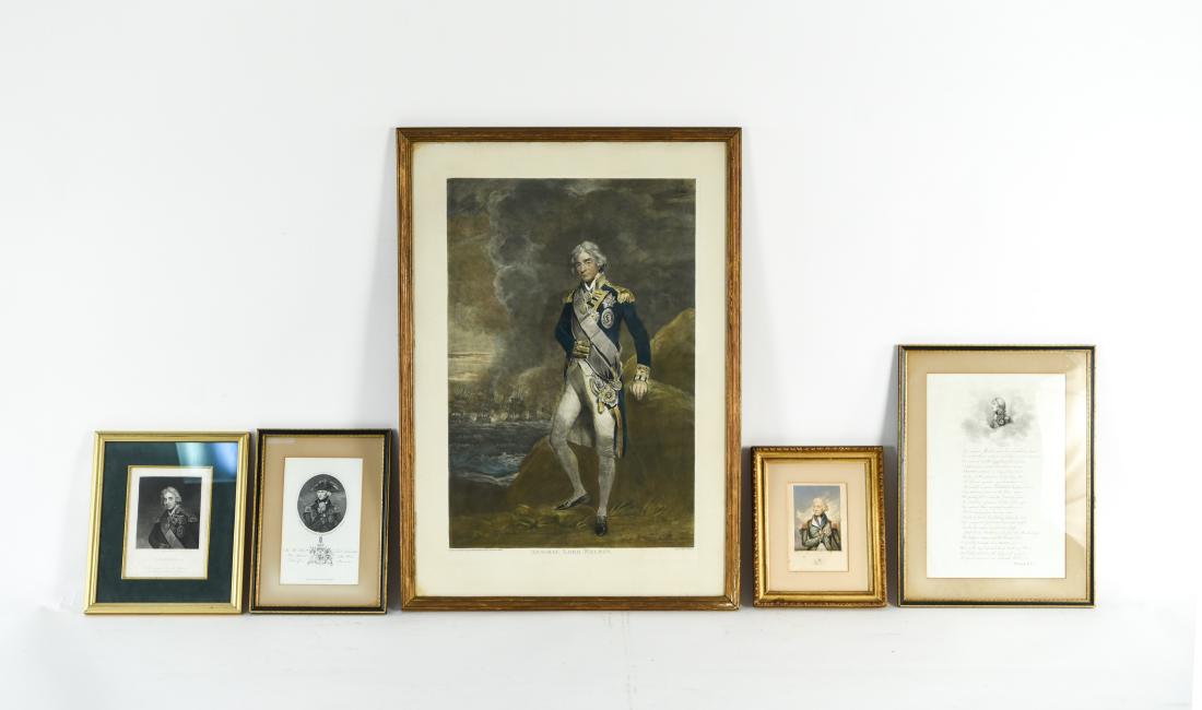 (5) 19TH CENTURY ENGRAVINGS ADMIRAL LORD NELSON: Black & white and hand-colored engravings and prints from 1805-late 1800s. Including a Baxter print. Dimensions: (Largest) (Frame) H 30.5" x W 21.5" Condition: Some frame wear and toning.
