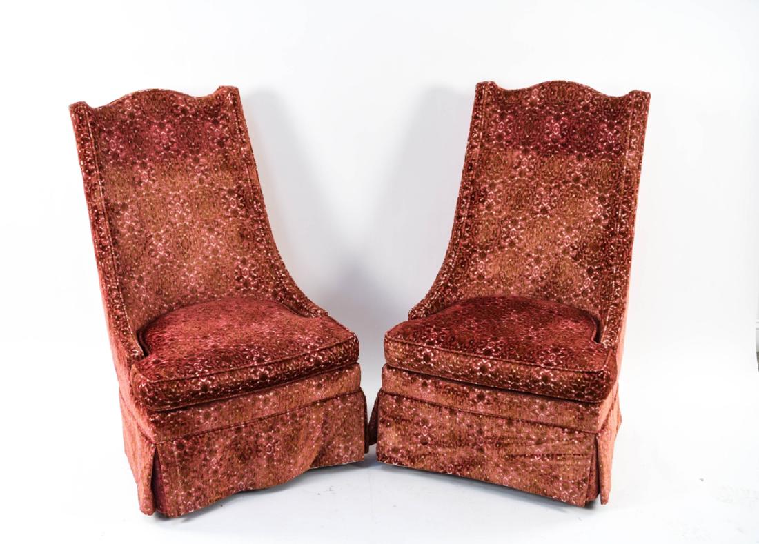 (2) MID-CENTURY HIGH BACK SLIPPER CHAIRS: Tagged underneath: Baena Bros. Inc. Dimensions: H 43" x W 25" x D 24" x SH 17" Condition: Fading to upholstery.
