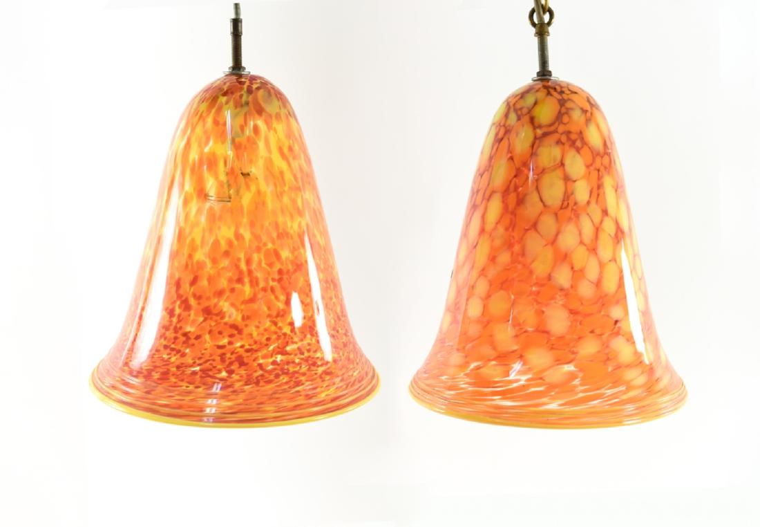(2) ART GLASS BELL PENDANT LIGHTS: Dimensions: H 13" x Dia. 11" Condition: May need to be rewired. Some chipping where metal attaches to tops.