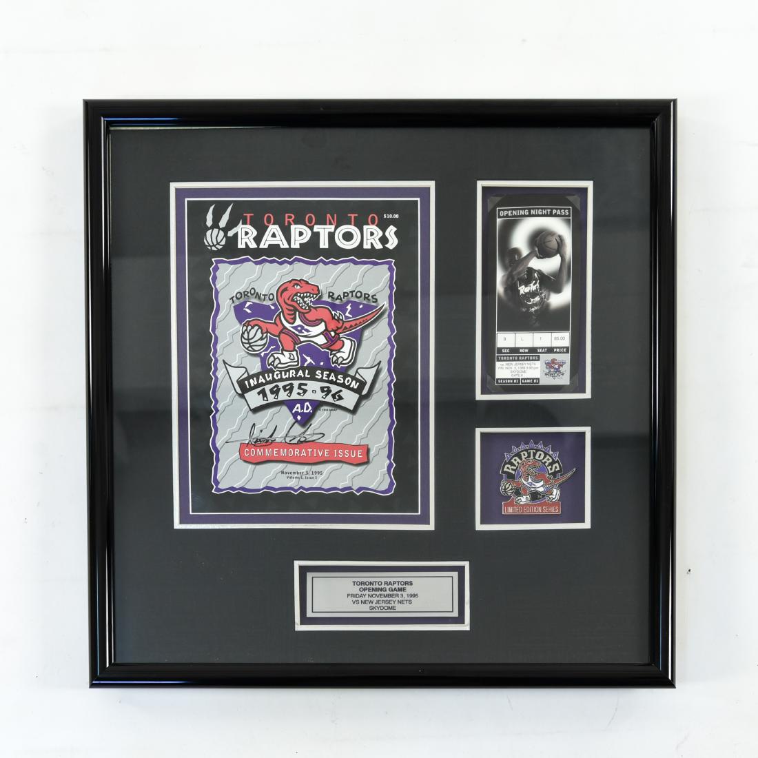 TORONTO RAPTORS FRAMED MEMORABILIA: Opening game, Friday, November 3, 1995. Dimensions: (Frame) H 19.5" x W 19.5" Condition: Light wear to frame.