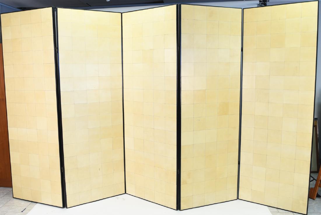 MID-CENTURY 5-PANEL PARCHMENT SCREEN: Parchment and ebonized wood five-panel screen, originally owned by Maurice Chevalier later by Jerome Robbins. Ebonized wood backing and borders. Consists of yellow/tan toned parchment squares. Dimensi