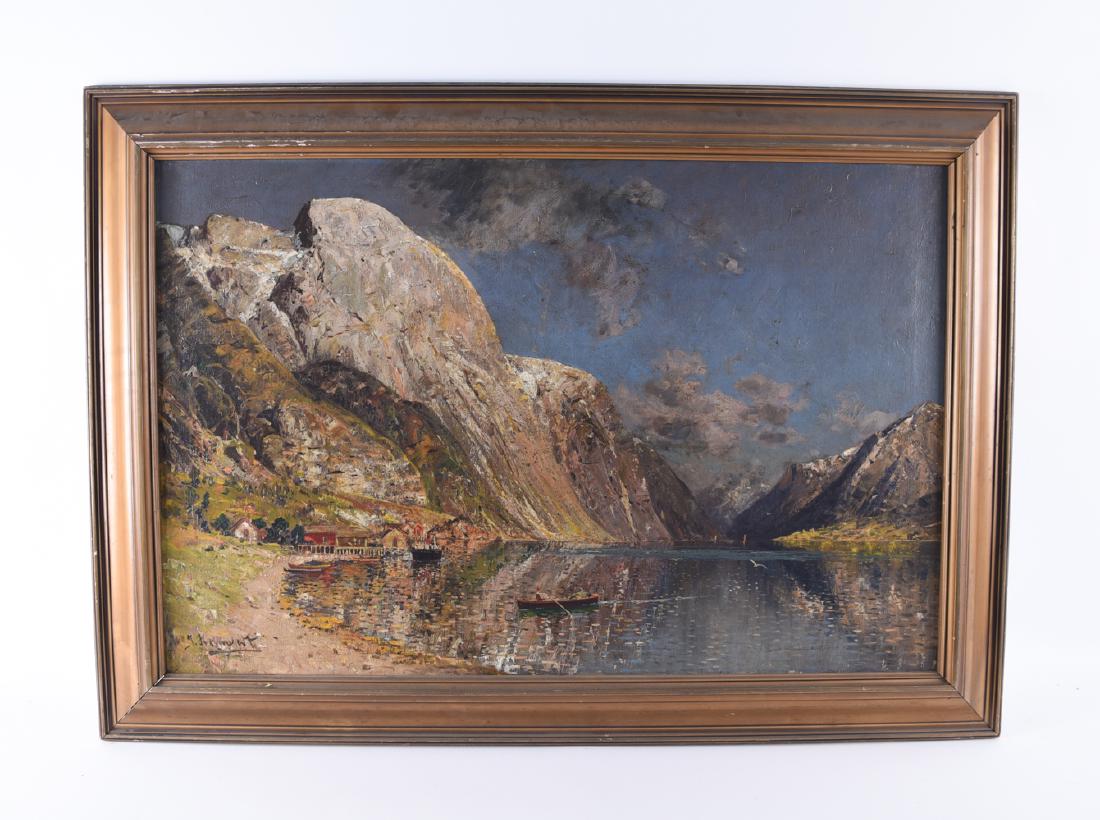 JOHANN HOLMSTEDT (1851-1929) FJORD LANDSCAPE: Oil on canvas. Signed lower left: J. Holmstedt. C. 1900 painting.Dimensions: (Frame) H 35" x W 49", (Canvas) H 27.25" x W 41.75"Condition: Needs cleaning. Small areas of surface paint loss. Frame with