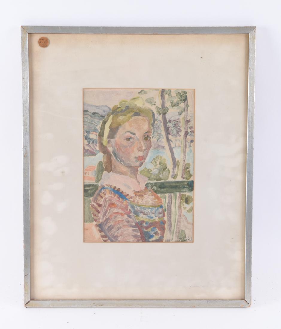 BARBARA SHURMUND (1899-1978): Monotype portrait. Possibly self portrait. Signed lower right. With exhibition number verso. Dimensions: (Frame) H 20.25" x W 16.5", (Sight) H 11" x W 8" Condition: Slight paper toning. Frame with dam