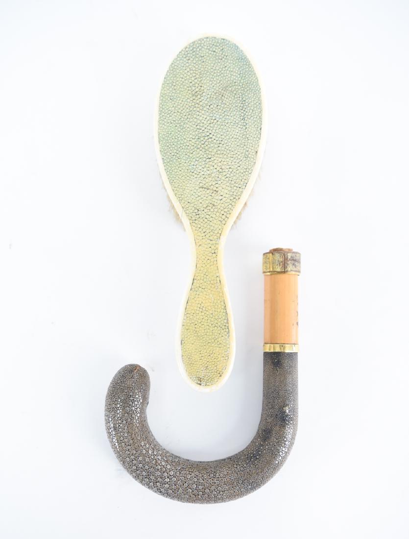 SHAGREEN HANDLE BRUSH AND PARASOL HANDLE: Dimensions: (Brush) H 9.25" x W 3" x D 1.5" Condition: Showing overall light wear consistent with age and use.