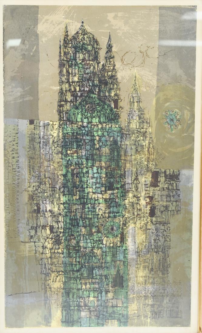 DOROTHY BOWMAN (B. 1927): Titled "City Edge No. 3." Pencil signed and dated '60 lower right. Ed. 75 lower left. Large color lithograph. Dimensions: (Frame) H 46.25" x W 32.25", (Sight) H 35.25" x W 21.25" Condition: Water dama
