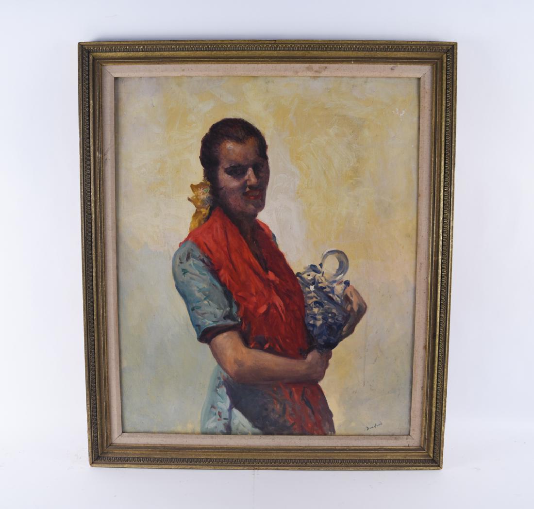 DANA RIPLEY POND (1881-1962): Oil on canvas. Woman with a basket. Signed lower right. Artist estate stamp verso. Dimensions: (Frame) H 41.5" x W 35.5", (Canvas) H 36" x W 30" Condition: Yellow varnish. Flakes to upper portion. Sur