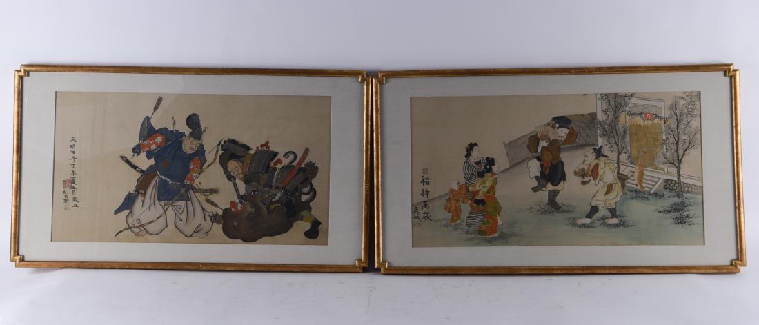 PAIR OF MODERN JAPANESE PAINTINGS ON SILK: In Edo style. Stamp sealed and inscribed. In shaped frames. Dimensions: (Frame) H 23.5" x W 41.5", (Sight) H 17.25" x W 32.75" Condition: Rubbing to frames. Some surface marks and very faint water sta