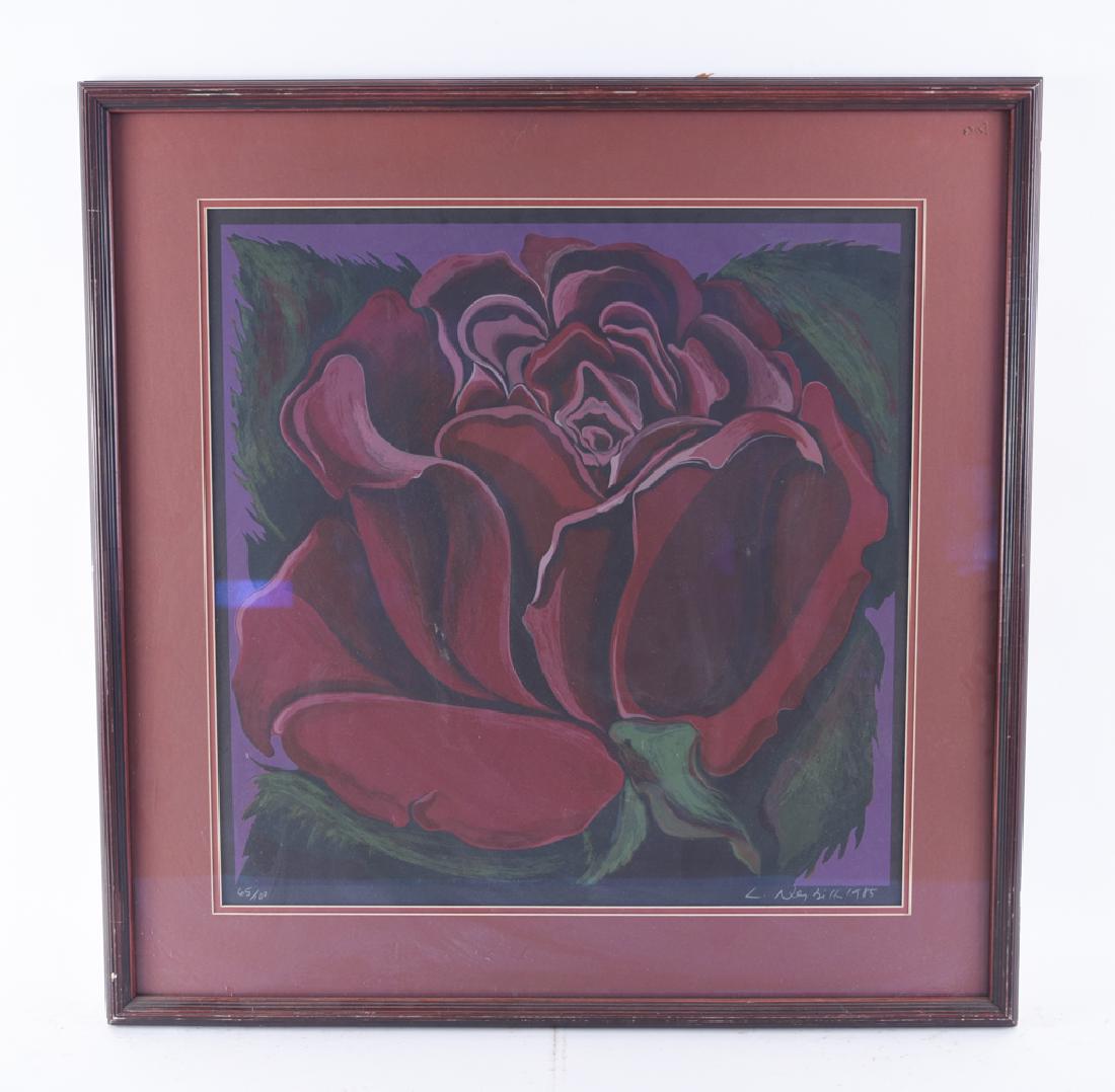 LOWELL BLAIR NESBITT (1933-1993): Red rose lithograph. Signed and dated 1985. Numbered 65/100. Dimensions: (Frame) H 34.25" x W 33.75", (Sight) H 25.25" x W 24.75" Condition: Marks to frame.