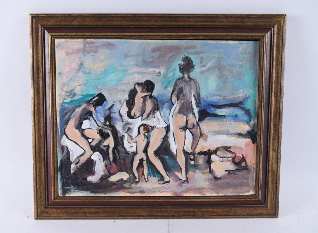 MODERN BEACH SCENE OIL: Nude figures on the beach. Signed Osaka. Name given as Stephen Osaka verso. On artist board. Dimensions: (Frame) H 18.5" x W 22.5", (Board) H 14" x W 18" Condition: Some rubbing to frame. Board loose 