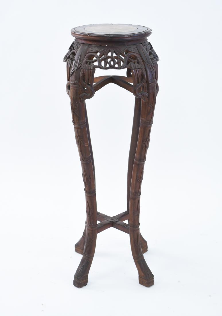 ANTIQUE JAPANESE CARVED WOOD & MARBLE STAND: Dimensions: H 36" x Dia. 16" Condition: Loose joints. Few nicks and dings including some loss to feet. Finish wear.