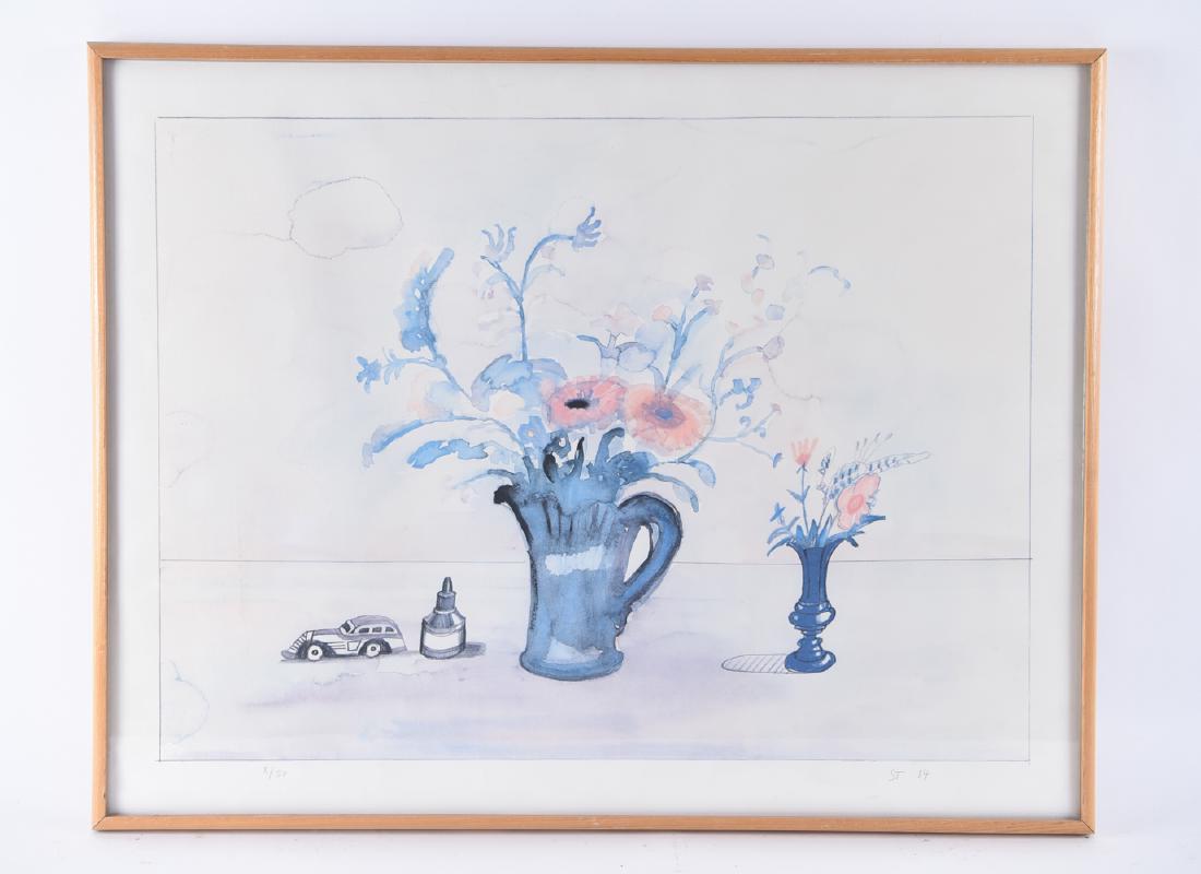 SAUL STEINBERG (1914-1999): Color lithograph. Pencil signed. Dated '84. Numbered 8/50. Dimensions: (Frame) H 27" x W 34.25", (Sight) H 25" x W 33" Condition: Slightly wavy in frame. Some frame rubbing.
