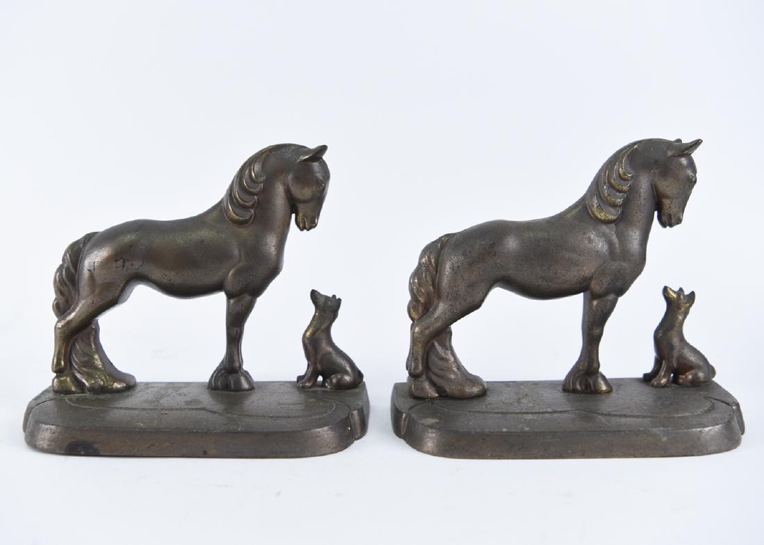 FRANKART HORSE AND DOG BOOKENDS: Signed Frankart Inc. Dimensions: H 6" x W 7" x D 3.25" Condition: Finish wear consistent with age and handling. Some surface dirt.