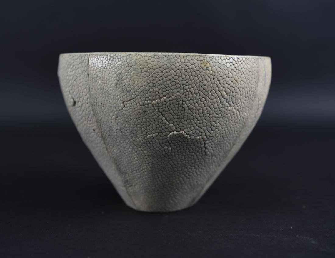 SHAGREEN BOWL: Marked underneath: R&Y Augousti Paris. Dimensions: H 5" x Dia. 6.75" Condition: Some cracks to shagreen.