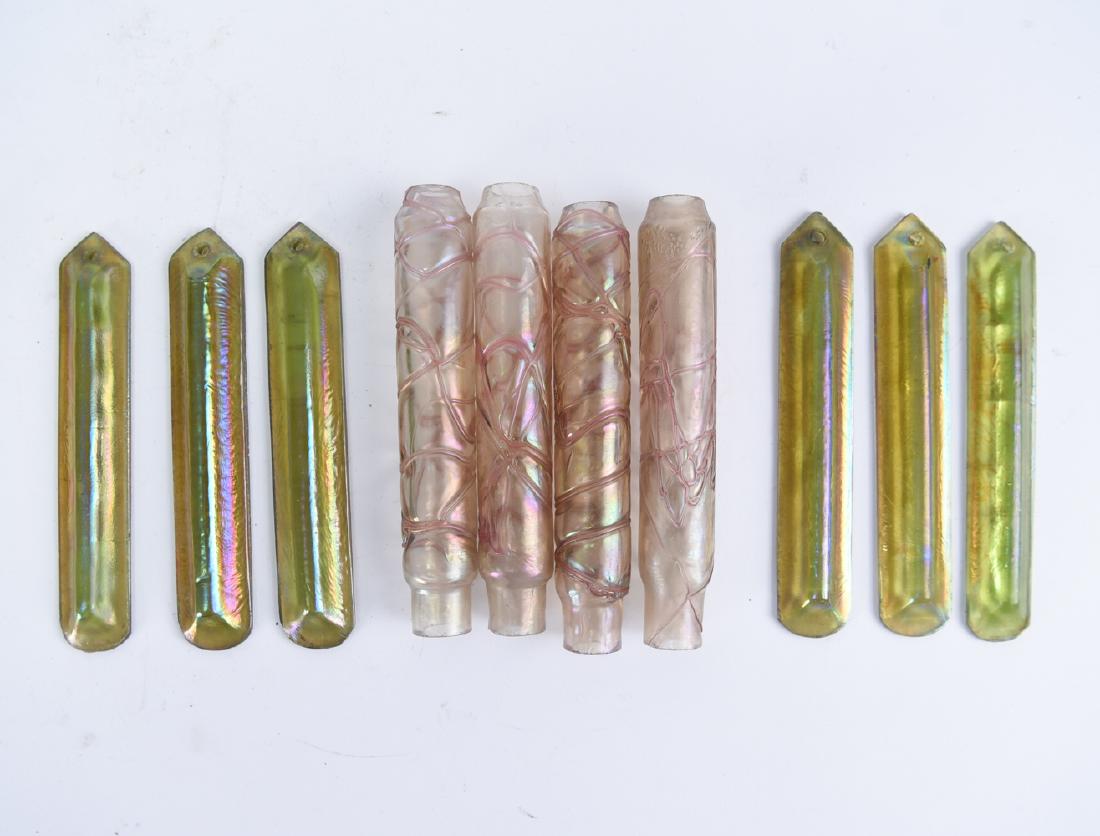 LOETZ CANDLE HOLDER SLEEVES & TIFFANY PRISMS: (10) pieces. Dimensions: L 5.75" Condition: Showing light signs of use consistent with age.