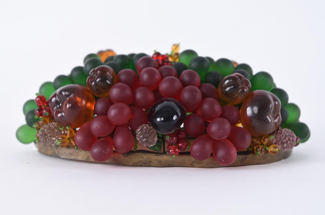 CZECH GLASS FRUIT BASKET SHADE: Vintage glass fruit. Wired and beaded to form. Dimensions: H 3" x W 9" x D 6" Condition: Some age wear.