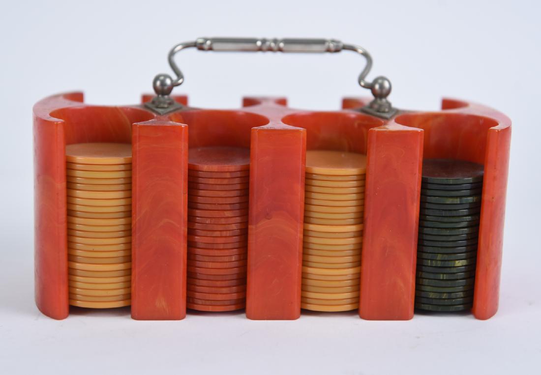 1930S BAKELITE POKER CHIP CADDY: Dimensions: H 3.5" x W 7.75" x D 3.5" Condition: Showing light wear consistent with age and use.