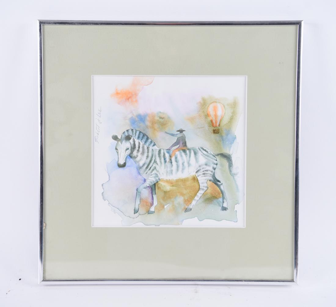 ROBERT J. LEE (1921-1994): Watercolor illustration. Signed along left edge. Dimensions: (Frame) H 15.25" x W 15.25", (Sight) H 8.75" x W 8.75" Condition: Bright colors. Clean paper.