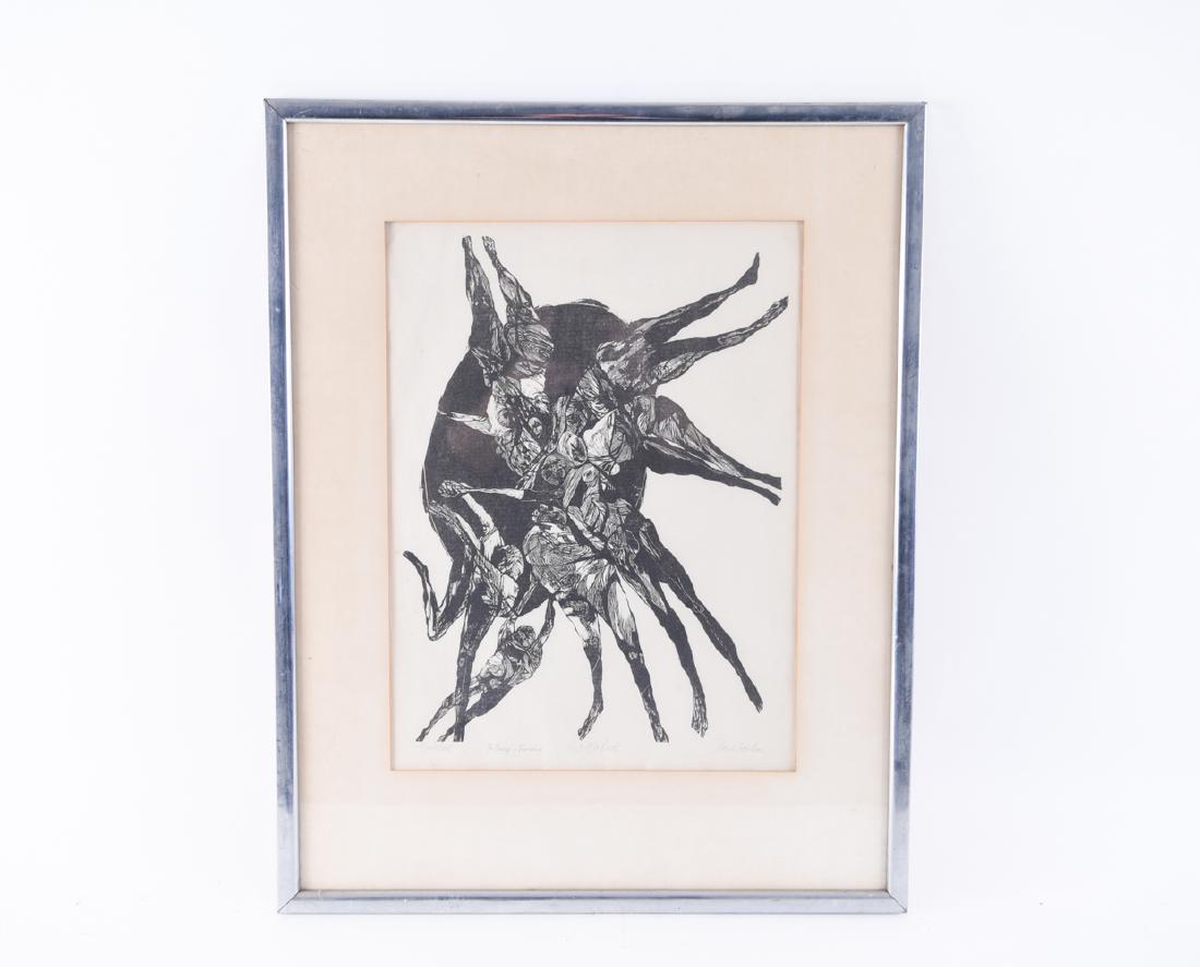 JACOB LANDAU (1917-2001): Woodcut. Titled "Fun House." Pencil signed, dedicated, and artist proof. Dimensions: (Frame) H 26.5" x W 21", (Sight) H 18" x W 13.25" Condition: Frame damaged, mat toned, paper toned.