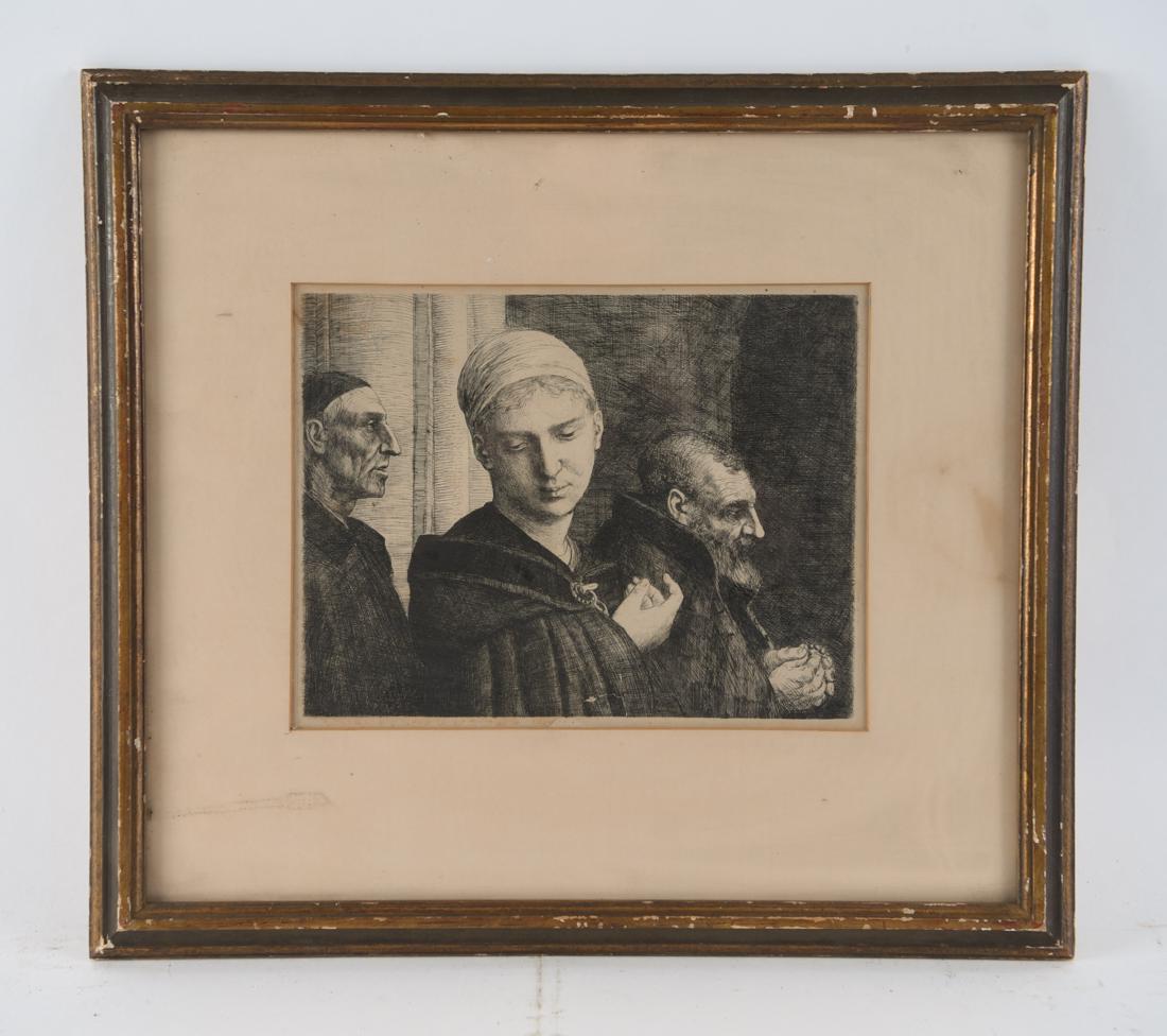 MODERN ETCHING OF RENAISSANCE FIGURES: Apparently unsigned. Dimensions: (Frame) H 17" x W 19", (Sight) H 8.75" x W 11.25" Condition: Tear in print. Frame rubbed.