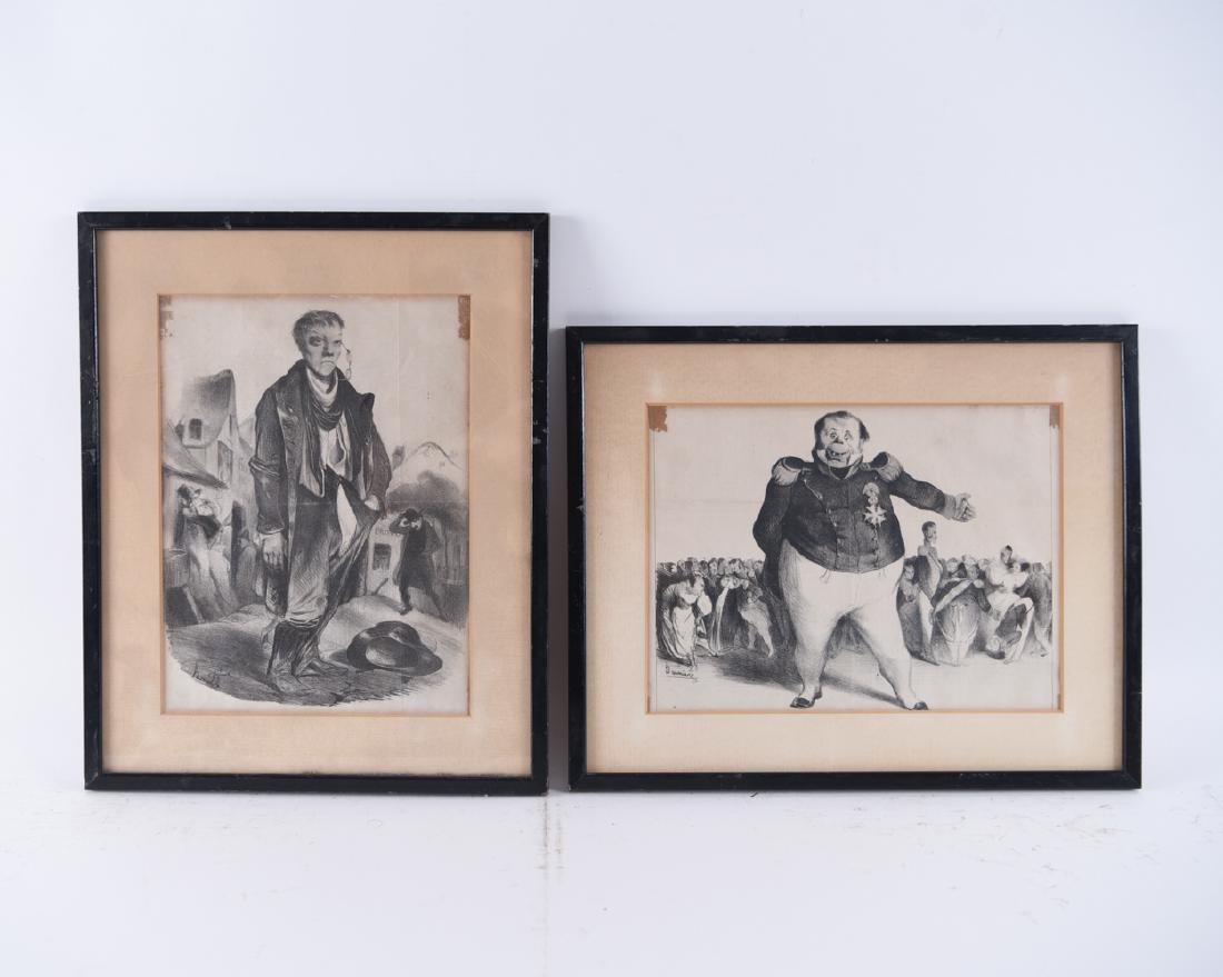 HONORE DAUMIER (FRENCH 1808-1879): Two lithographs. Large figures. Both with printing on back of page. Dimensions: (Frame) H 15.5" x W 12.5", (Sight) H 11.25" x W 8.25" Condition: Toning, flattened folds. Tape residue.