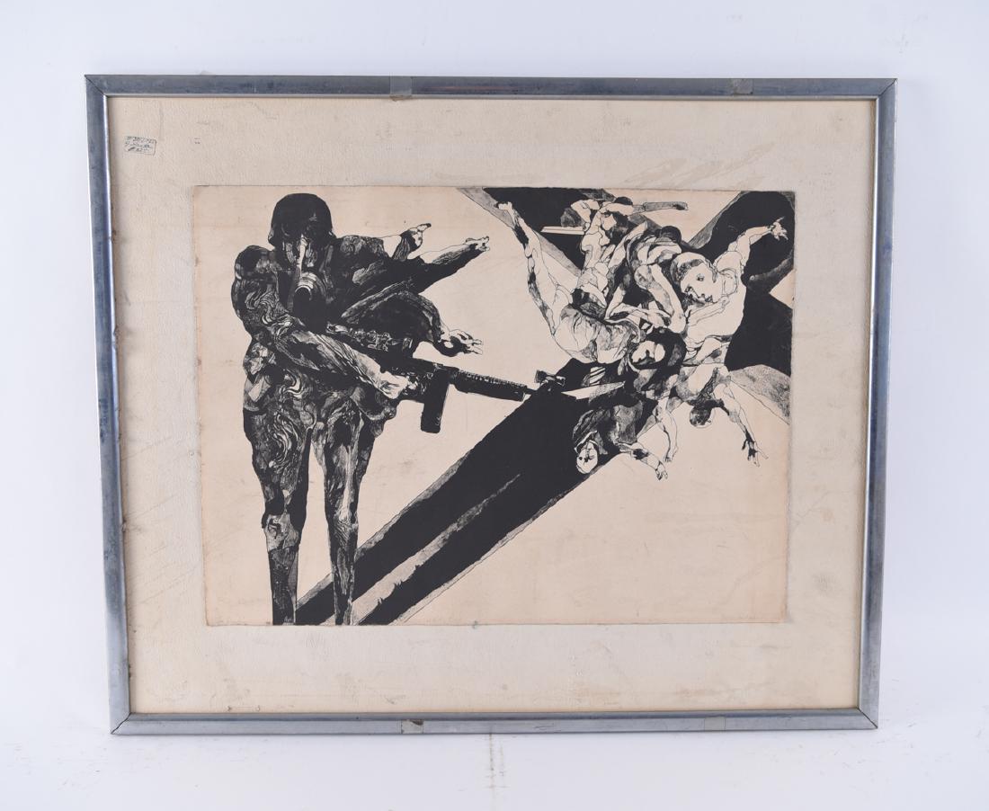 JACOB LANDAU (1917- 2001): Etching. Pencil signed lower right. Dimensions: (Frame) H 22.5' x W 27" (Paper) H 15" x W 20" Condition: No glass, frame damaged. Soiled, scraped.