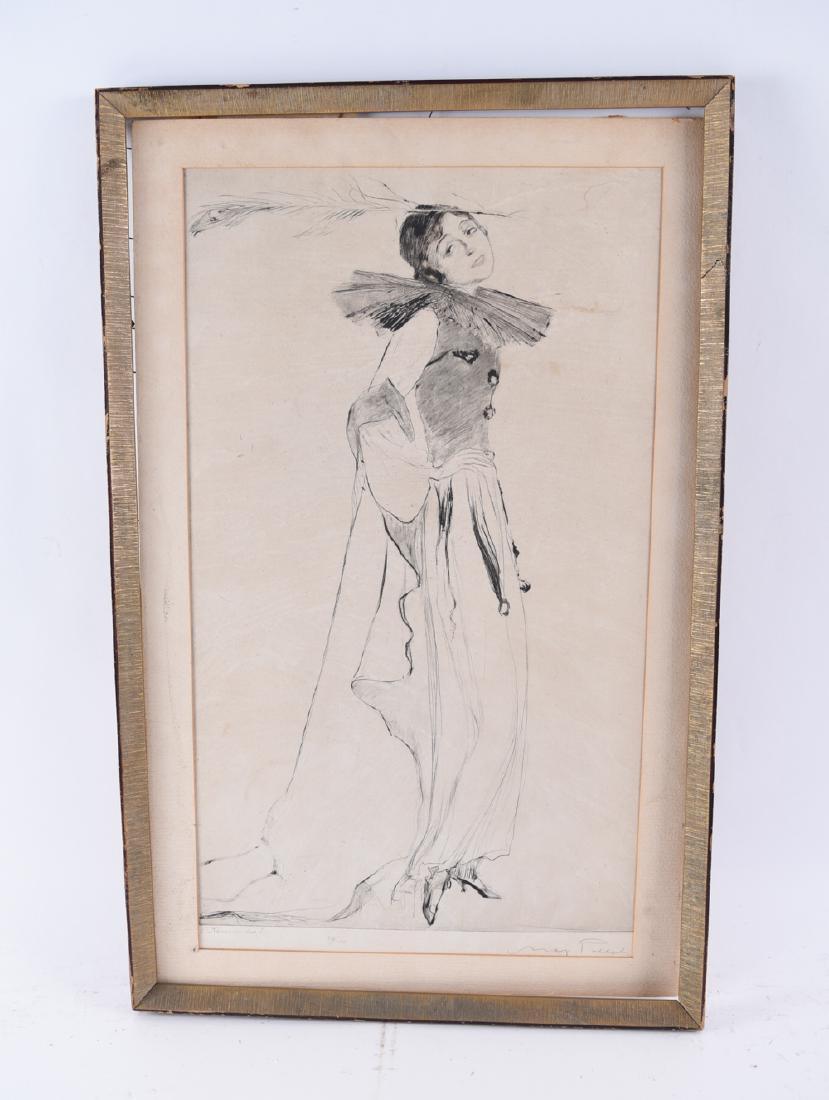 GERMAN / AUSTRIAN ART DECO ETCHING OF WOMAN: C. 1920 etching of a woman dressed for an arts ball with a peacock feather in her hair. Signed lower right. Titled lower left and numbered 36 / 100. Dimensions: (Frame) H 28" x W 18" (Sight) H 24" x W
