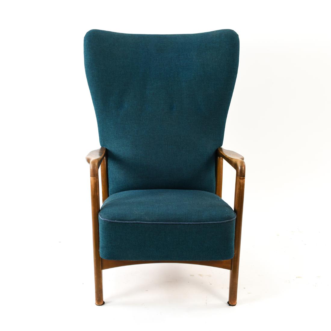 SOREN HANSEN FOR FRITZ HANSEN DANISH LOUNGE CHAIR: Mid-century, c. 1940's. Dimensions: H 39.25" x W 25.5" x D 22.5" x SH 16" Condition: Few stains to the vintage upholstery. Finish wear to wood. Nicks and dings to edges. Wear consistent with age and u