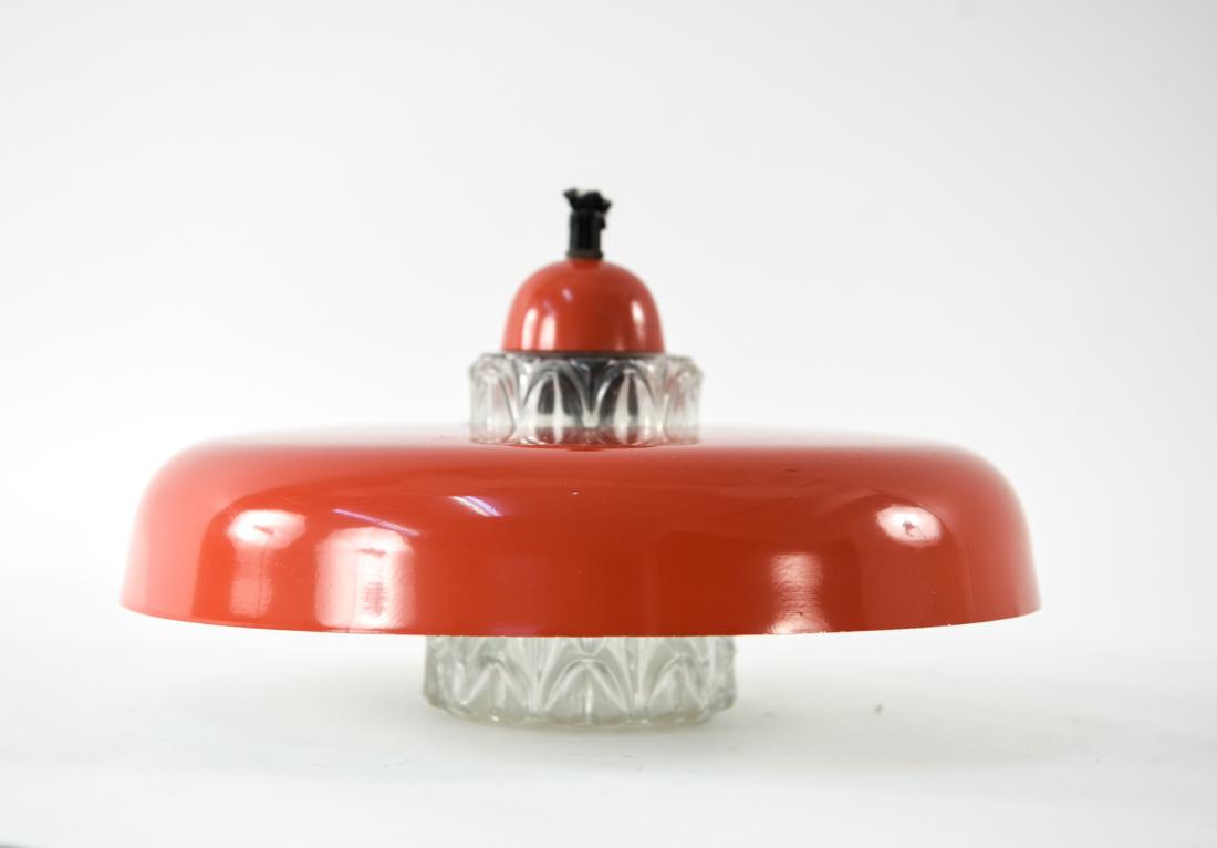 BENT KARLBY FOR LYFA RED PENDANT CHANDELIER: Dimensions: H 8" x Dia. 13" Condition: Needs to be rewired. Flea bites to glass. Light surface wear. Wear consistent with age and use. Minor losses. D049