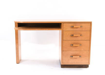 ELIEL SAARINEN (1873-1950) JOHNSON FURNITURE DESK: Dimensions: H 30.25" x W 48" x D 21" Condition: Finish wear, scratches, scuffs. Some pitting to metal on drawer handles. Nicks and dings to edges.