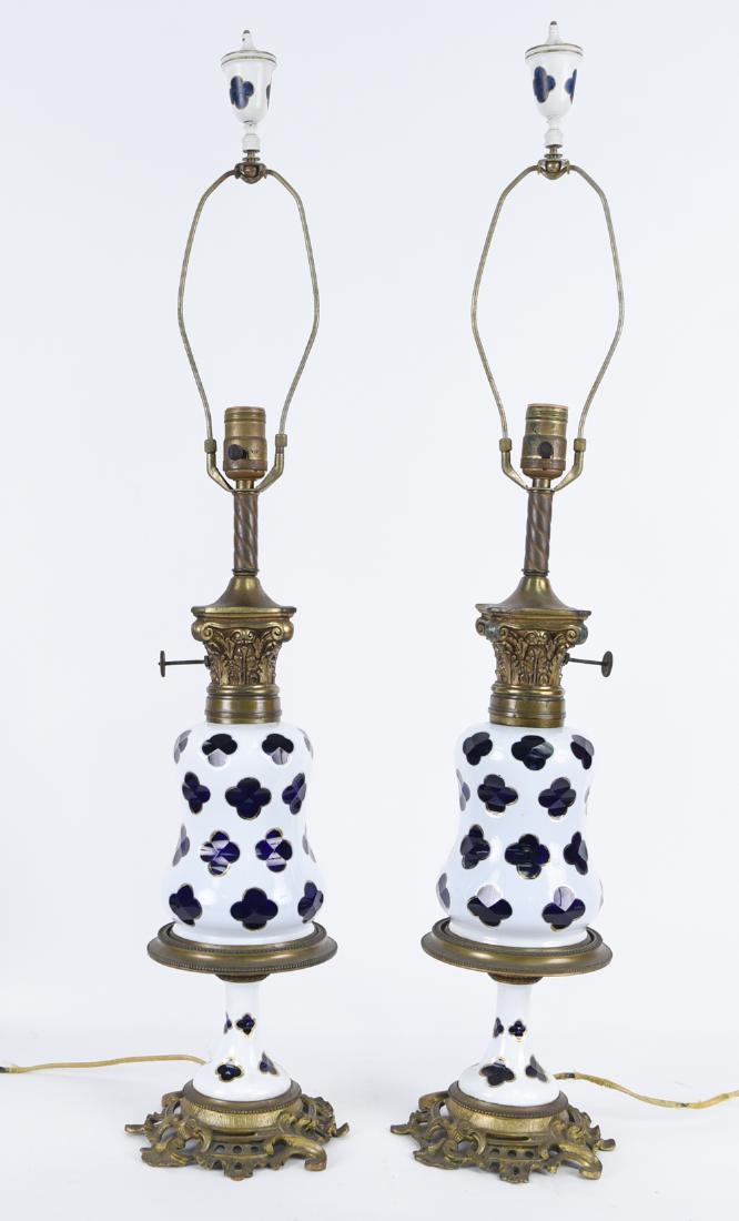 PAIR ANTIQUE BOHEMIAN GLASS ORMOLU MOUNTED LAMPS (1 of 14)